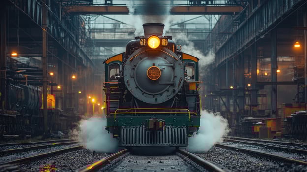 Antique steam locomotive releasing steam at a train depot photo