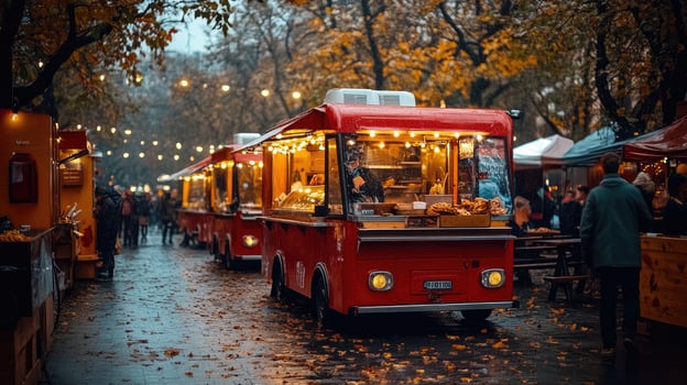 Red food trucks serving customers at a christmas market in the evening photo