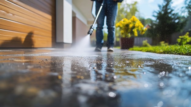 Worker is cleaning a driveway with a pressure washer photo