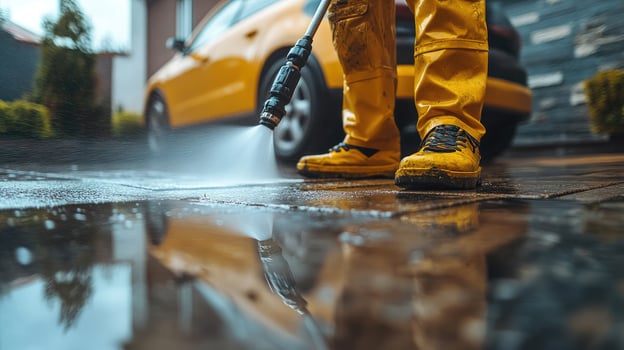 Worker is cleaning a driveway with a pressure washer photo