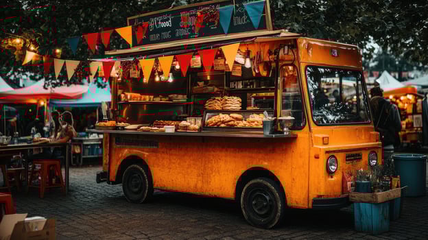 Classic orange food truck selling bakery products at a street food festival photo