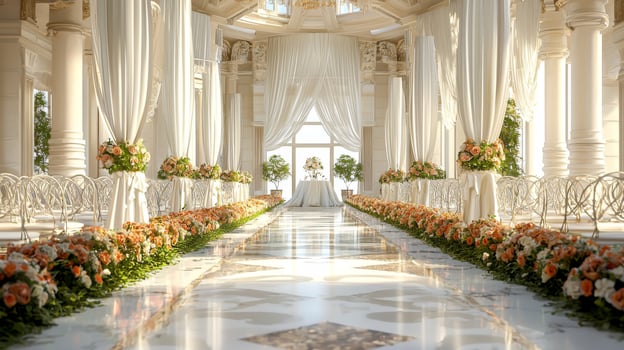 Elegant wedding ceremony with beautiful setups for wedding or party banquet. Celebration newlyweds photo