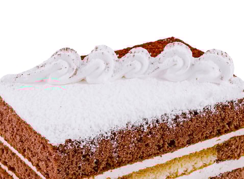 Delicious tiramisu cake with cream being isolated on white background photo