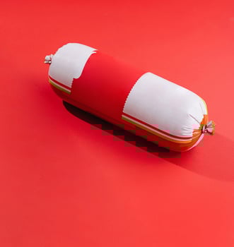 Sausage lying on vibrant red background photo