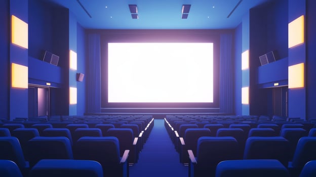 Empty cinema auditorium in blue color with white blank screen. Mockup of hall photo