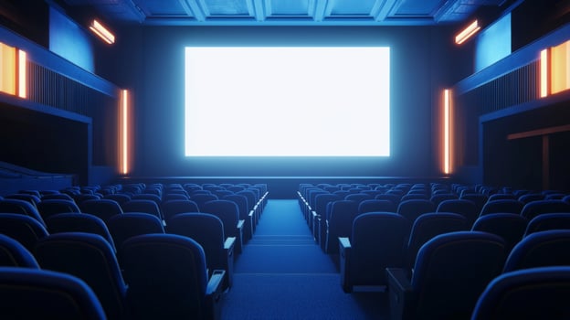 Empty cinema auditorium in blue color with white blank screen. Mockup of hall photo