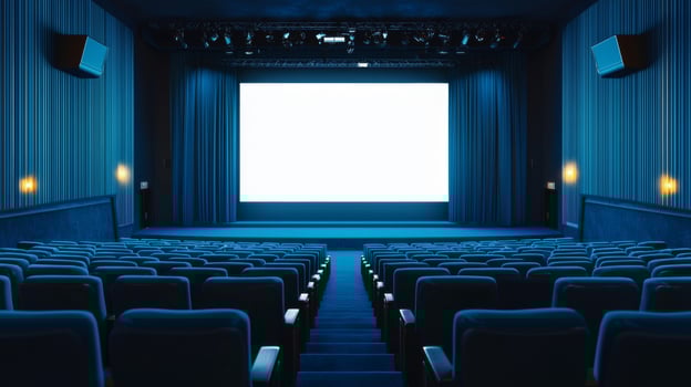 Empty cinema auditorium in blue color with white blank screen. Mockup of hall photo