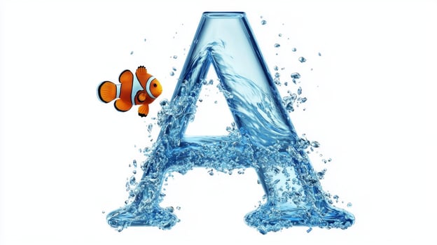 This artistic representation showcases the letter A crafted from glass, filled with shimmering water and a lively fish swimming within, set against a pristine white background. photo