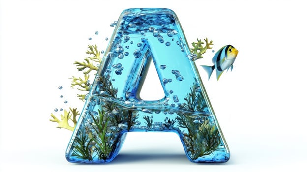 letter A emerges as a breathtaking glass structure, encapsulating colorful fish and lush aquatic flora, creating an enchanting underwater world on a white canvas. photo