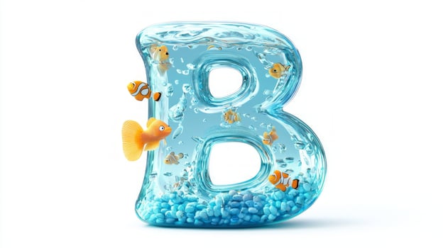 enchanting glass letter B features vibrant fish swimming amidst water and pebbles, creating a delightful aquarium feel. A creative design perfect for children's decor. photo