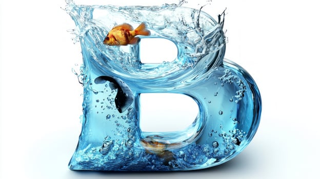 letter B beautifully crafted from glass showcases a lively aquarium scene with vibrant fish swimming beneath a glistening water surface, set against a pure white backdrop. photo