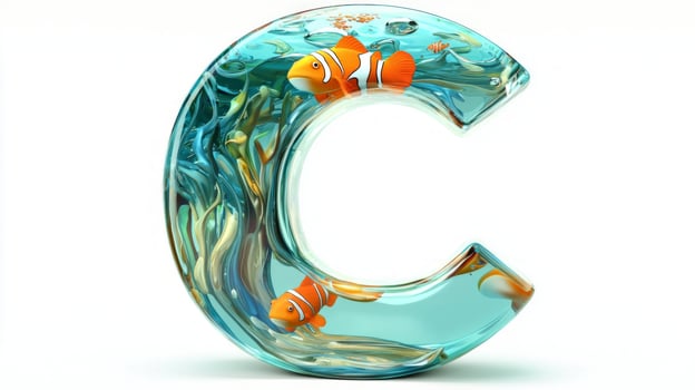 letter C, crafted from transparent glass, showcases a mesmerizing underwater world filled with colorful fish and aquatic plants, creating a playful and educational piece. photo
