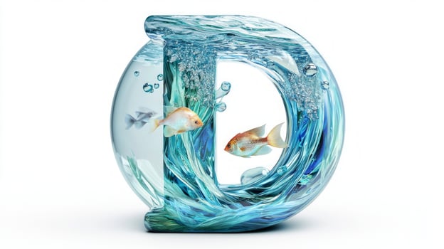 letter D comes alive with a captivating glass texture that showcases colorful fish swimming amidst swirling water, all accentuated by a bright white background. photo