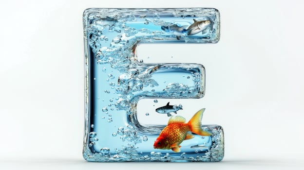 captivating glass Letter E showcases an underwater world, complete with colorful fish swimming amidst bubbles, creating a striking visual effect that draws attention. photo