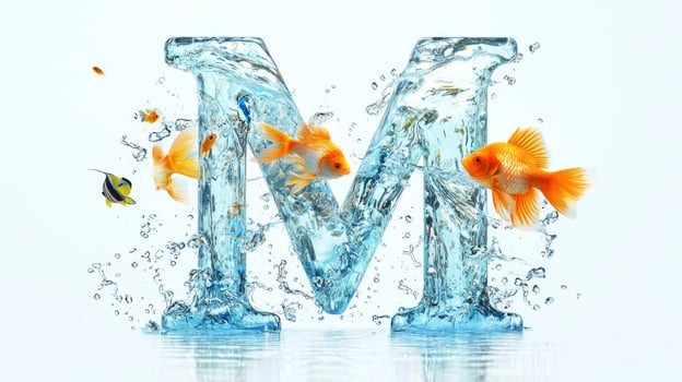 striking glass letter M features clear water and colorful fish swimming around, creating an enchanting underwater effect against a pristine backdrop. photo