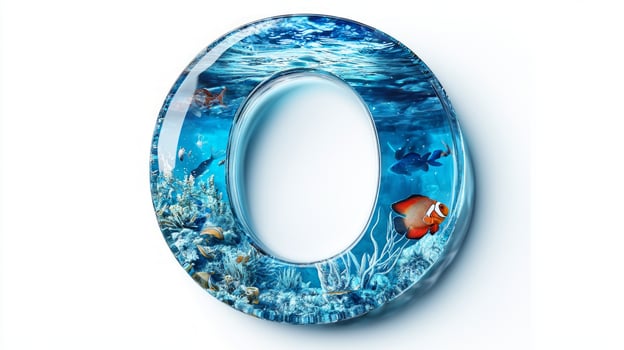 striking glass letter O showcases an underwater scene filled with vibrant fish and coral, resembling a miniature aquarium, creating a whimsical and artistic display. photo