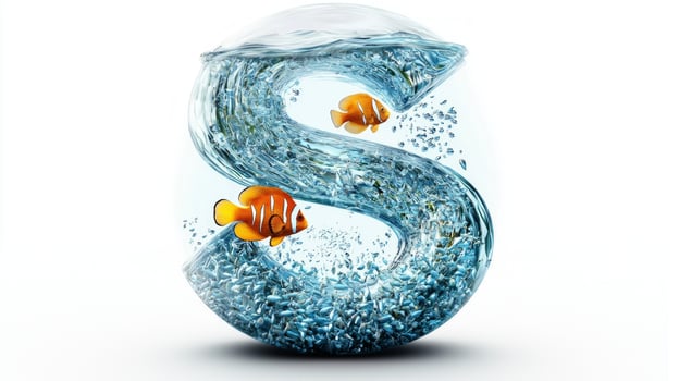 creative display features the letter S formed from glass, filled with shimmering water and lively fish. It presents an imaginative aquarium concept that draws attention. photo