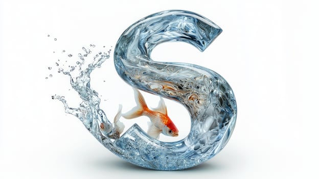 stunning glass letter S showcases vibrant fish swimming within clear water, creating a unique aquarium effect. This artistic piece stands out against the bright white backdrop. photo
