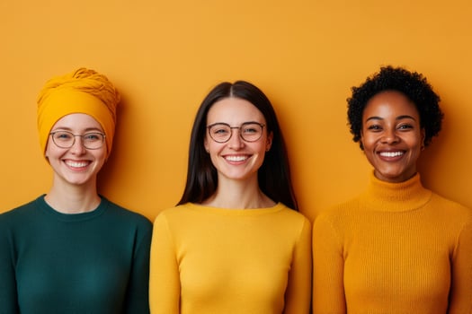 Diverse group of women standing close and smiling brightly. Unity and friendship photo
