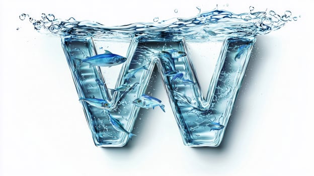 glass letter W showcases a captivating aquatic scene, featuring vibrant fish swimming within clear water, all set against a pristine white backdrop. photo