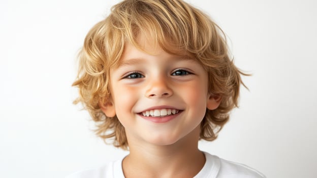A young boy with blonde hair smiling photo