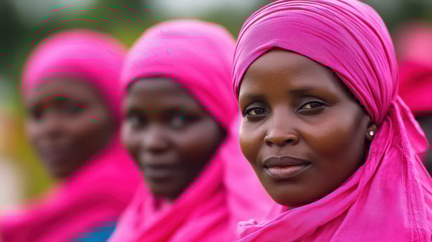 A group of women wearing bright pink headscarves photo