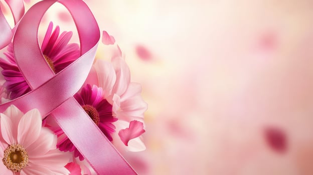 Pink ribbon and flowers on a pink background photo