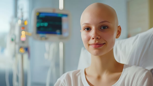 A woman with bald head sitting in a hospital bed photo