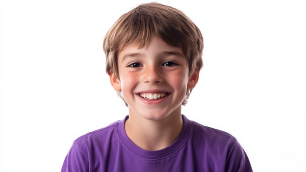 A young boy is smiling and wearing a purple shirt photo