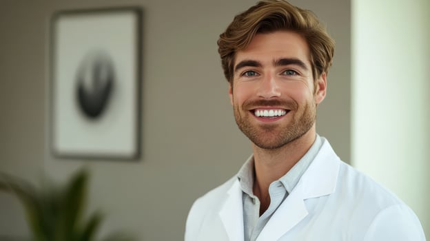 A man in a white coat smiling photo