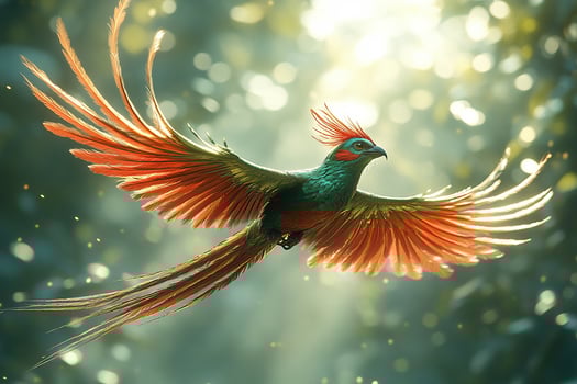 A quetzal bird with long tail feathers is flying beautiful background photo