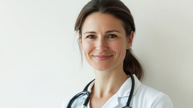 A woman in a white coat and stethoscope photo