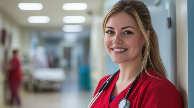 A woman in a red uniform is smiling photo