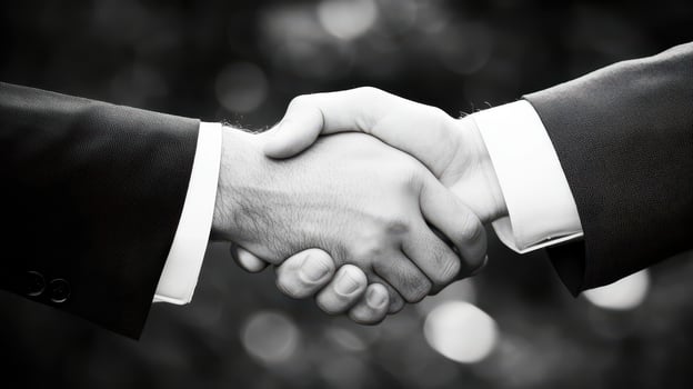 Two business people shaking hands over a black and white background photo