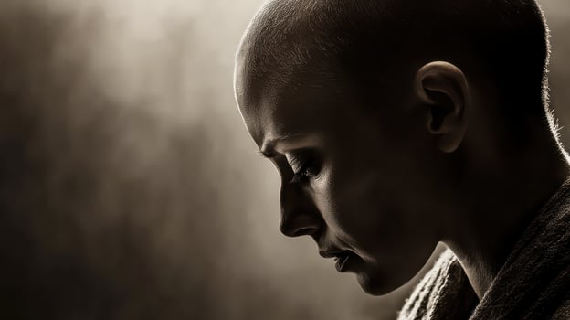 A woman with a shaved head is looking down photo