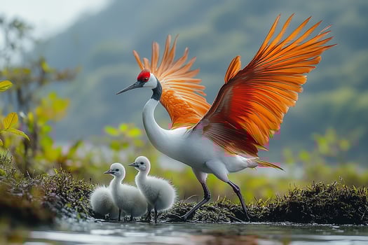 Tow Crested Cran Bird playing with family in the beautiful background photo