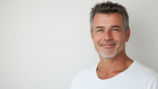 A man in a white t - shirt smiling photo