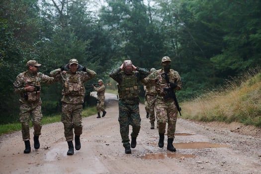 A group of elite soldiers leads captives through a military camp, showcasing a tense atmosphere of detention and security operations photo
