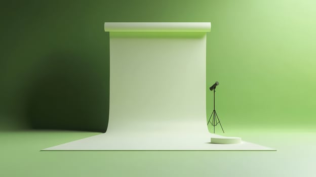 Green background with a white sheet and a tripod photo