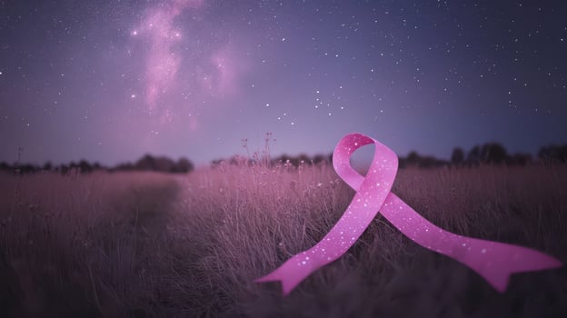 Pink ribbon in field with stars and milky way photo