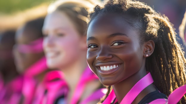 A group of young women with pink ribbons on their necks photo
