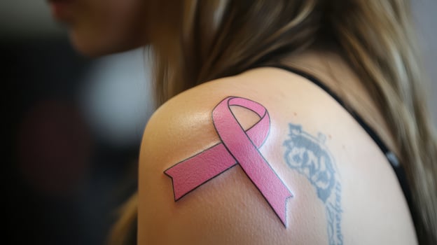 A woman with a pink ribbon tattoo on her shoulder photo