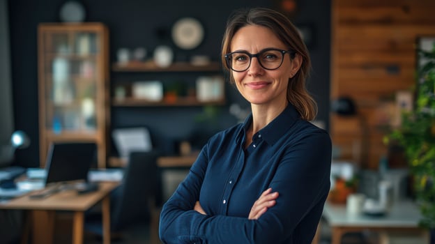 A woman in glasses standing in front of a desk photo