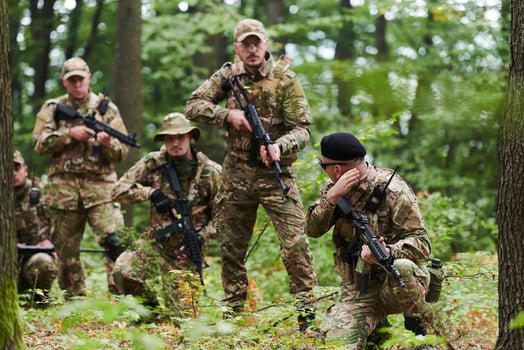 A disciplined and specialized military unit, donned in camouflage, strategically patrolling and maintaining control in a high-stakes environment, showcasing their precision, unity, and readiness for photo