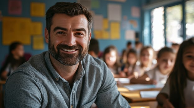 Portrait of smiling male teacher in a class at elementary school looking at camera photo