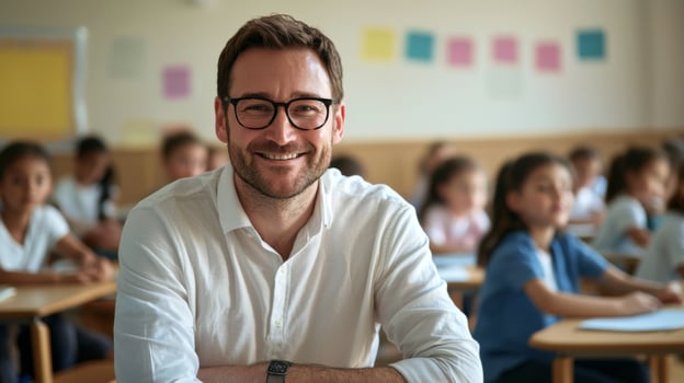 Portrait of smiling male teacher in a class at elementary school looking at camera photo