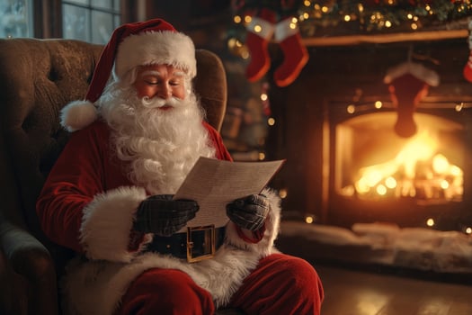 Santa Claus reads a letter with a wish list for Christmas at home near the fireplace photo