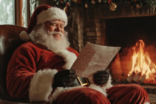 Santa Claus reads a letter with a wish list for Christmas at home near the fireplace photo