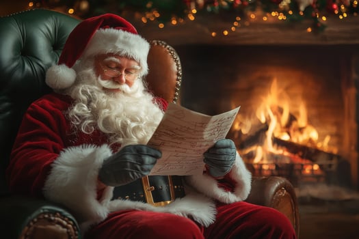 Santa Claus reads a letter with a wish list for Christmas at home near the fireplace photo