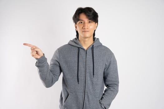 Portrait of asian man wearing hoodie posing on white background photo